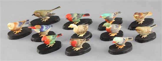 A set of twelve Japanese coloured ivory figures of birds, early 20th century, 5cm - 6.2cm,